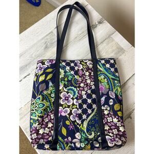 Vera Bradley Plum Petal Fabric Leather Purple Floral Tote Bag Purse Zip Designer